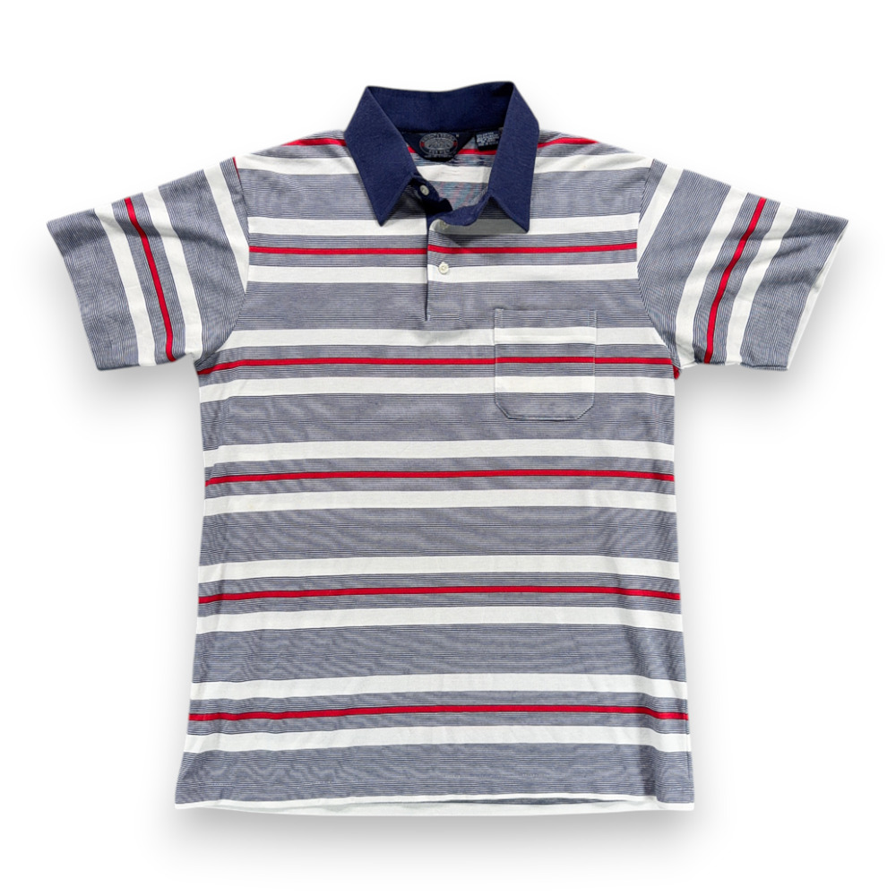 Vintage Knightsbridge Polo Shirt Adult SMALL Blue White Red Striped Pocket 80s
